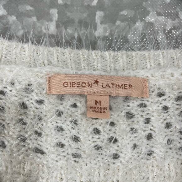 Gibson Latimer White & Metallic Thread Open Weave Sweater - Size Medium - Stripe - Picture 4 of 6